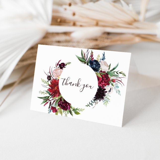 Modern Burgundy Navy Floral Wedding Thank You Card (Creator Uploaded)