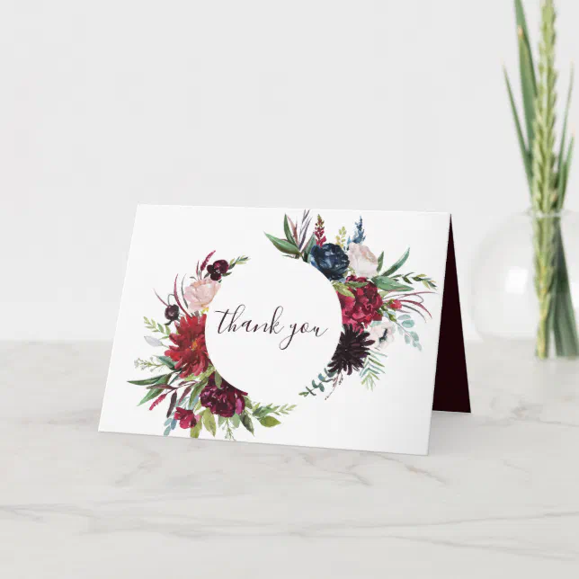 Modern Burgundy Navy Floral Wedding Thank You Card 