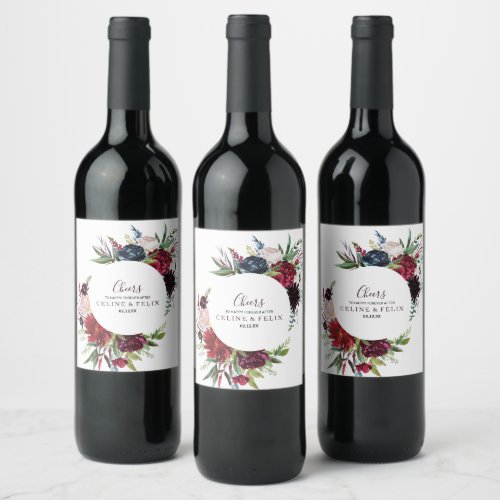 Modern Burgundy Navy Floral Wedding Wine Labels