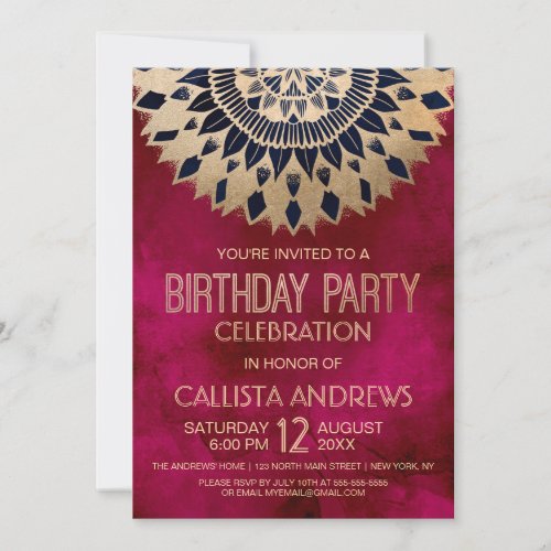 Modern Burgundy Navy Gold Floral Mandala Birthday Invitation