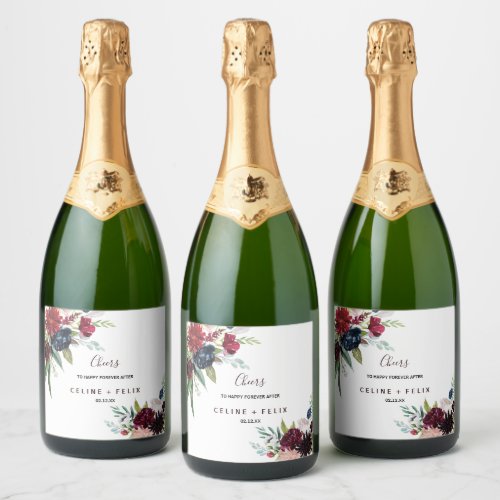 Modern Burgundy Navy Wedding Sparkling Wine Labels