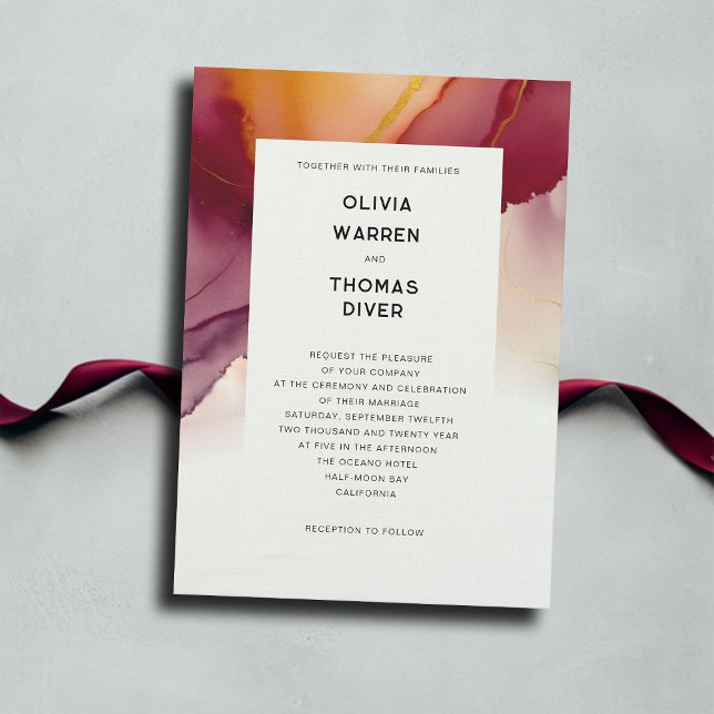 Modern Burgundy Orange Minimalist Fall Wedding Invitation (burgundy orange fall wedding invitation modern minimalist simple elegant bohemian romantic beach)