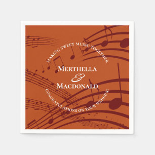 Modern Burgundy Orange Music Notes Wedding Paper Napkins