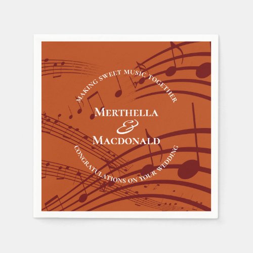 Modern Burgundy Orange Music Notes Wedding Paper Napkins