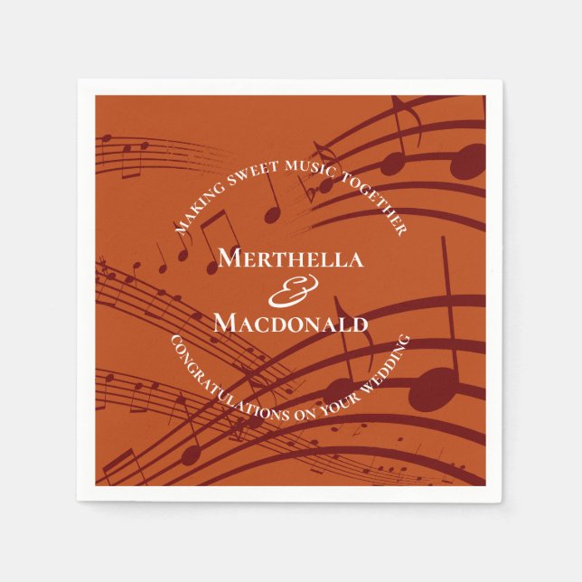Modern Burgundy Orange Music Notes Wedding Paper Napkins (Front)