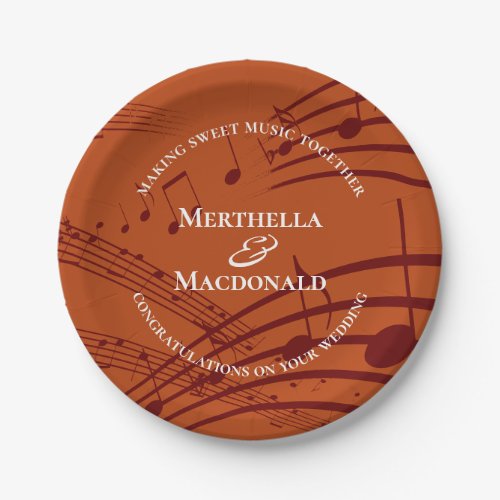 Modern Burgundy Orange Music Notes Wedding  Paper Plates