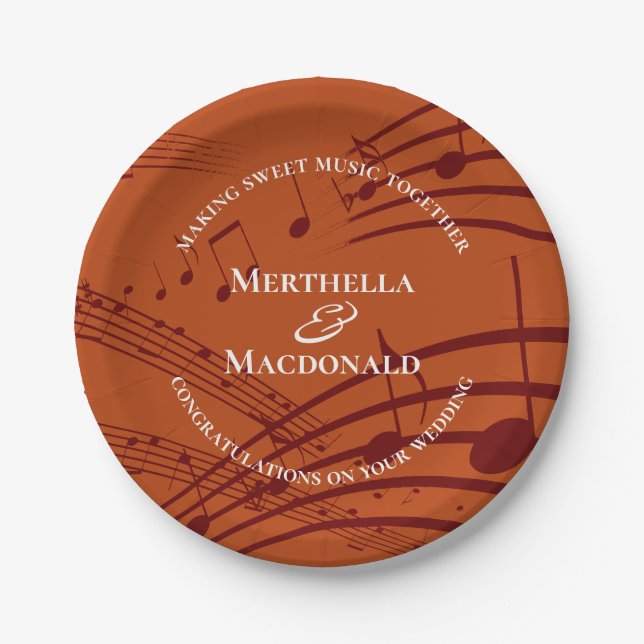 Modern Burgundy Orange Music Notes Wedding  Paper Plates (Front)