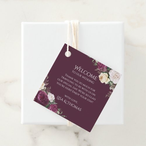 Modern Burgundy Peonies Wedding Welcome Gift Tag