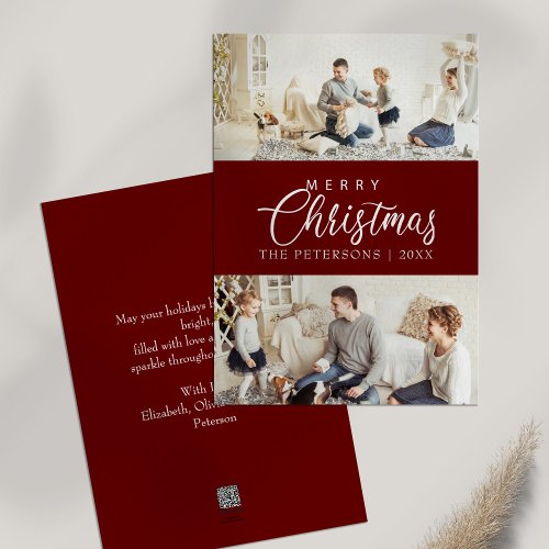 Modern Burgundy Photo Collage Christmas  Holiday Card