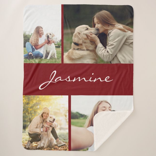 Modern Burgundy Photo Collage Dog Sherpa Blanket (Front)