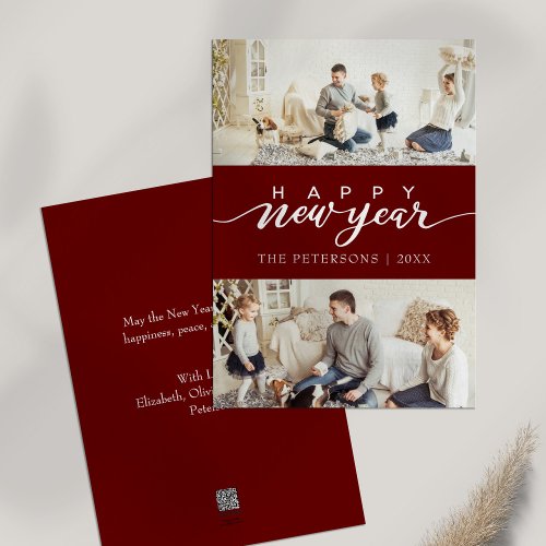 Modern Burgundy Photo Collage New Year Holiday Card