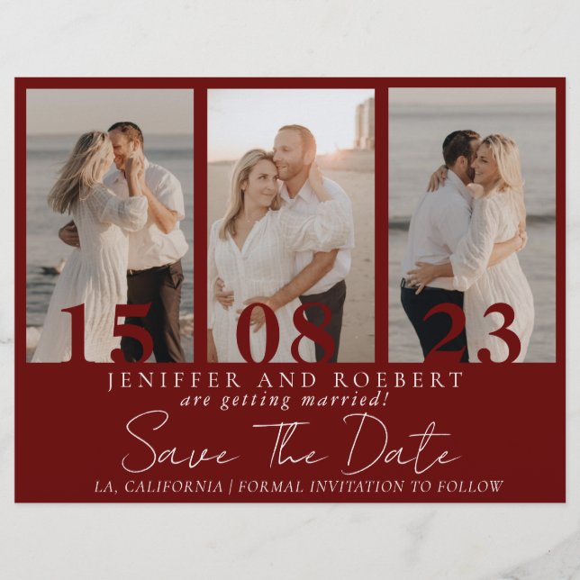 Modern Burgundy Photo Collage Save the Date Card   Flyer (Front)