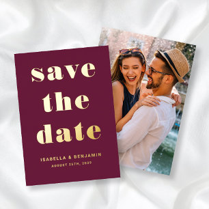 Modern Burgundy Photo Save The Date Gold Foil Invitation