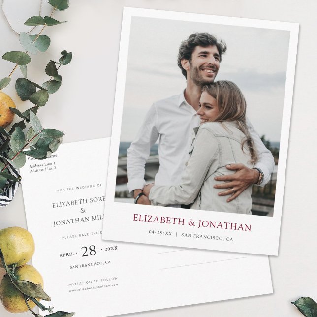 Modern Burgundy Photo Save the Date Wedding  Invitation Postcard (Creator Uploaded)