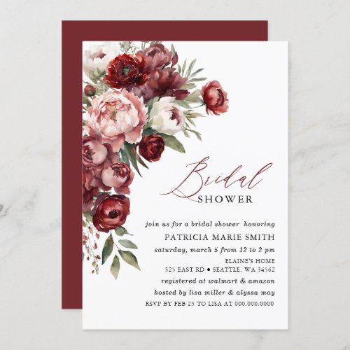 Modern Burgundy Pink Blush Floral Bridal Shower In Invitation