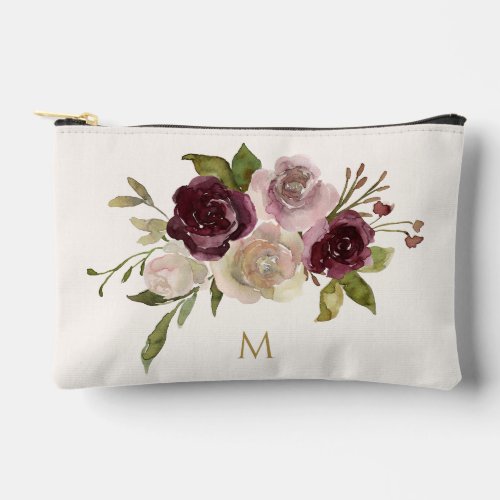 Modern Burgundy Pink Floral Watercolor Monogram Accessory Pouch