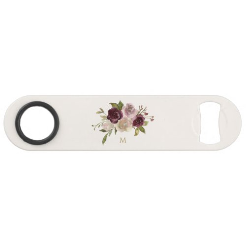 Modern Burgundy Pink Floral Watercolor Monogram Bar Key