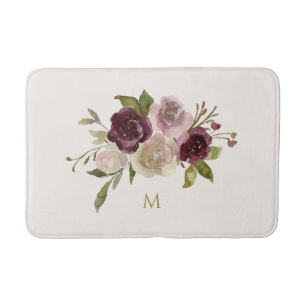 Modern Burgundy Pink Floral Watercolor Monogram Bath Mat