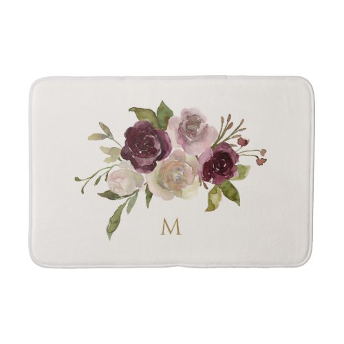 Modern Burgundy Pink Floral Watercolor Monogram Bath Mat