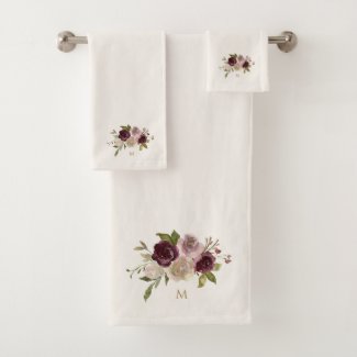 Modern Burgundy Pink Floral Watercolor Monogram