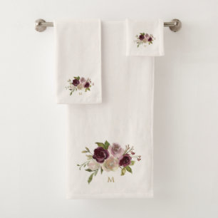 Modern Burgundy Pink Floral Watercolor Monogram Bath Towel Set