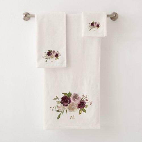 Modern Burgundy Pink Floral Watercolor Monogram Bath Towel Set