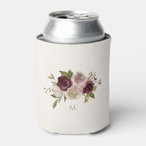 Modern Burgundy Pink Floral Watercolor Monogram Can Cooler