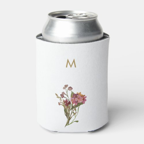 Modern Burgundy Pink Floral Watercolor Monogram Can Cooler