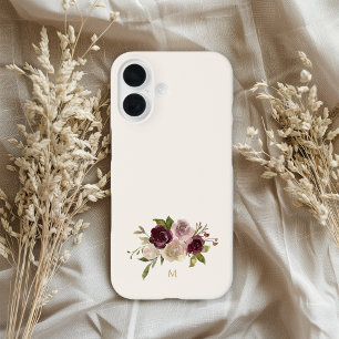 Modern Burgundy Pink Floral Watercolor Monogram iPhone 16 Case