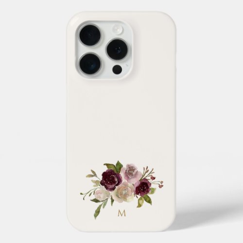 Modern Burgundy Pink Floral Watercolor Monogram iPhone 15 Pro Case