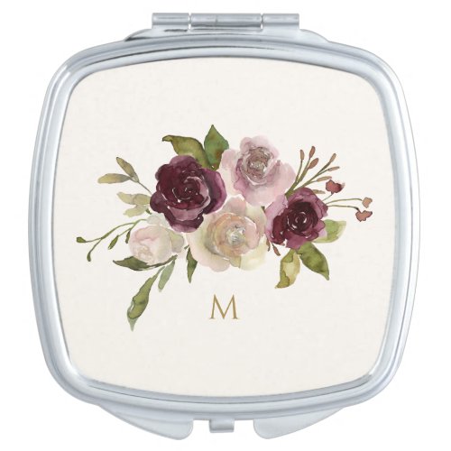 Modern Burgundy Pink Floral Watercolor Monogram Compact Mirror