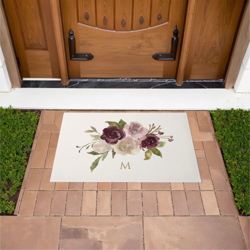 Modern Burgundy Pink Floral Watercolor Monogram Doormat