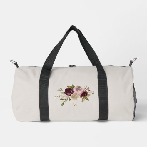 Modern Burgundy Pink Floral Watercolor Monogram Duffle Bag