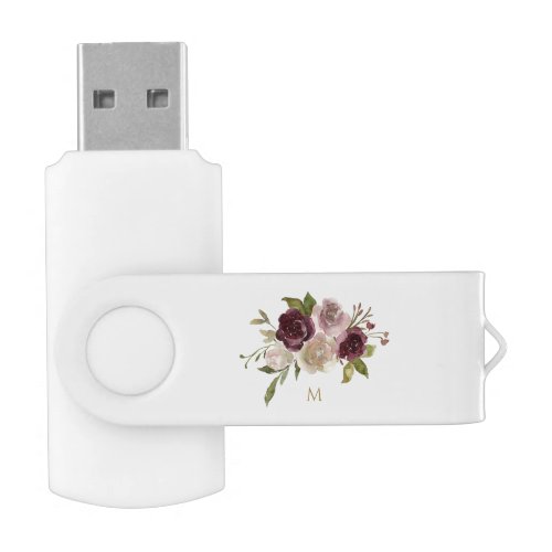 Modern Burgundy Pink Floral Watercolor Monogram Flash Drive