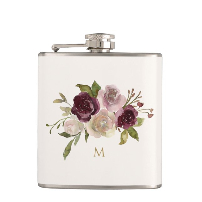 Modern Burgundy Pink Floral Watercolor Monogram Flask (Front)