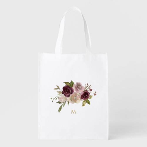 Modern Burgundy Pink Floral Watercolor Monogram Grocery Bag