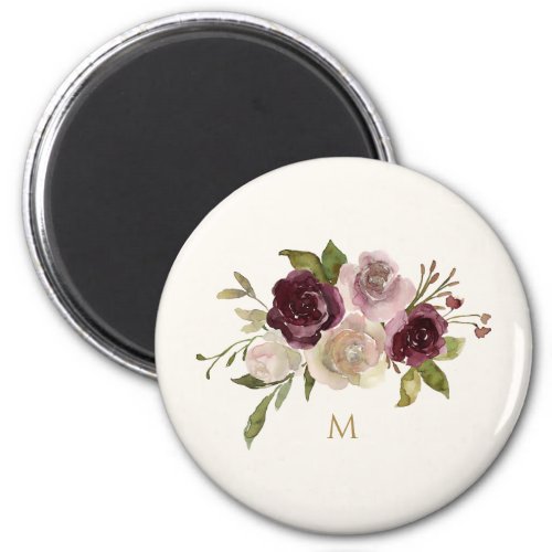 Modern Burgundy Pink Floral Watercolor Monogram Magnet