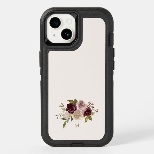Modern Burgundy Pink Floral Watercolor Monogram OtterBox iPhone 14 Case