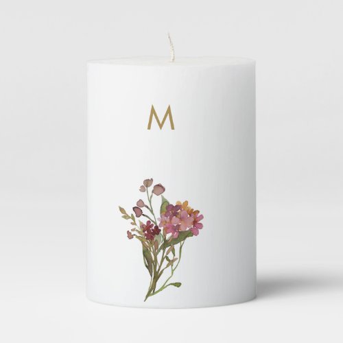 Modern Burgundy Pink Floral Watercolor Monogram Pillar Candle