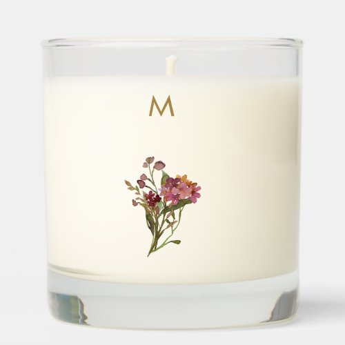 Modern Burgundy Pink Floral Watercolor Monogram Scented Candle