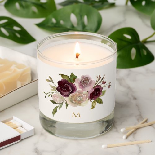 Modern Burgundy Pink Floral Watercolor Monogram Scented Candle