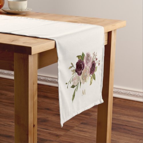 Modern Burgundy Pink Floral Watercolor Monogram Short Table Runner