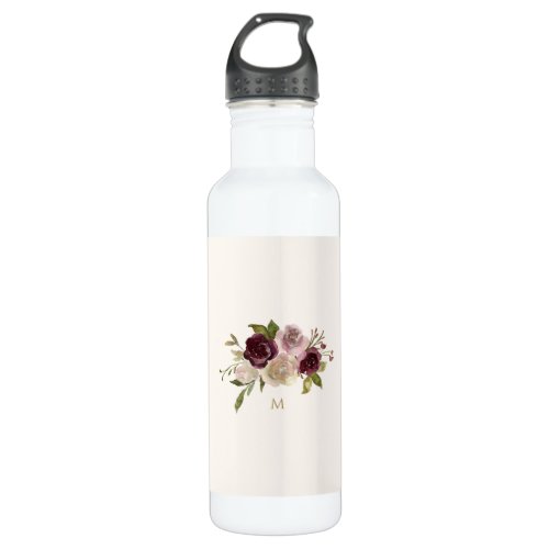 Modern Burgundy Pink Floral Watercolor Monogram Stainless Steel Water Bottle