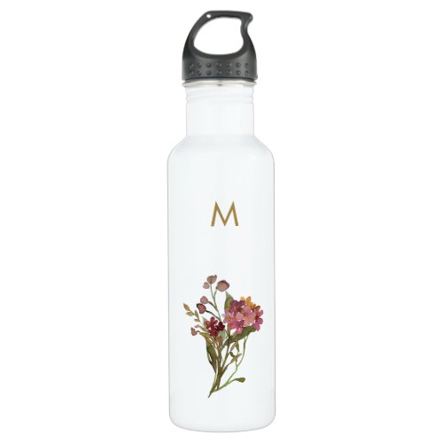 Modern Burgundy Pink Floral Watercolor Monogram Stainless Steel Water Bottle