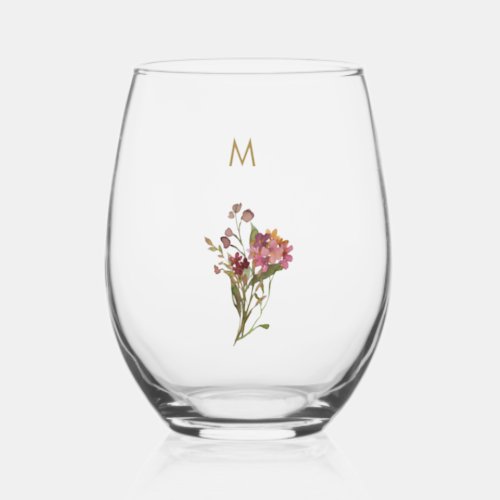 Modern Burgundy Pink Floral Watercolor Monogram Stemless Wine Glass