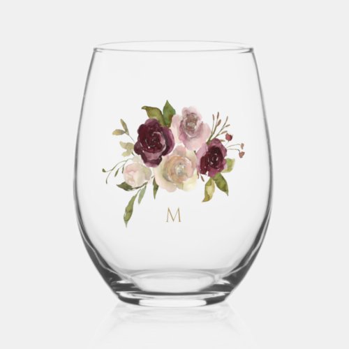 Modern Burgundy Pink Floral Watercolor Monogram Stemless Wine Glass