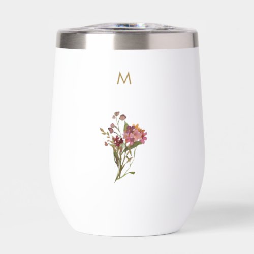 Modern Burgundy Pink Floral Watercolor Monogram Thermal Wine Tumbler