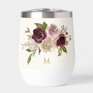 Modern Burgundy Pink Floral Watercolor Monogram Thermal Wine Tumbler