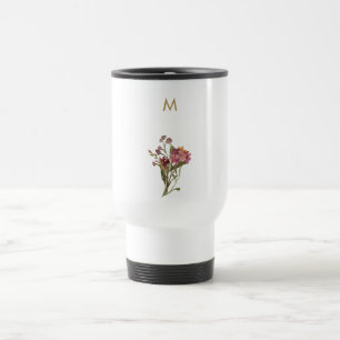 Modern Burgundy Pink Floral Watercolor Monogram Travel Mug