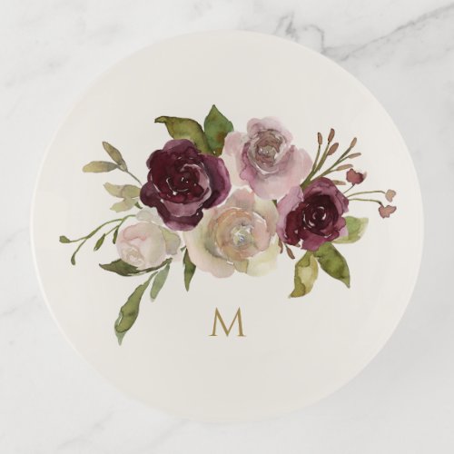 Modern Burgundy Pink Floral Watercolor Monogram Trinket Tray